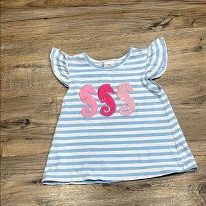 Blue Striped Kids Tee with Seahorse Design